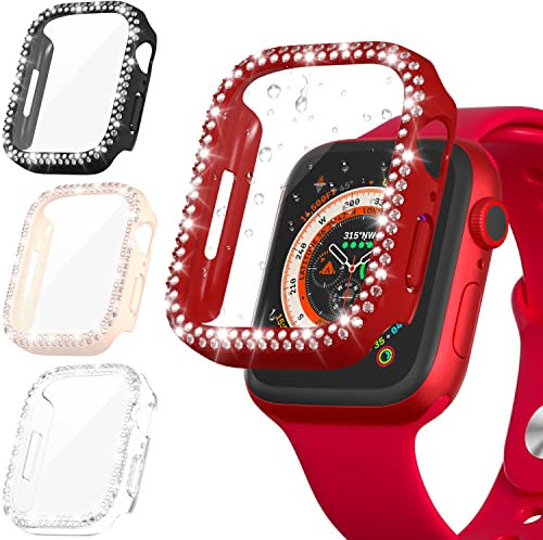 Diruite 4-Stück Hülle für Apple Watch Series 8/7/6/5/4/SE 2/SE Schutzhülle Glitzerdiamanten,PC Rundum Displayschutz Ultradünne Glas Schutz Case für Apple Watch 45mm 44mm 41mm 40mm Schutzhülle