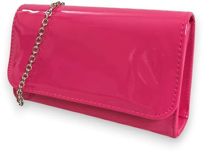 fi9® Pochette da donna in tinta unita, in vernice per matrimoni, feste, balli e serate, Rosa fucsia, medium