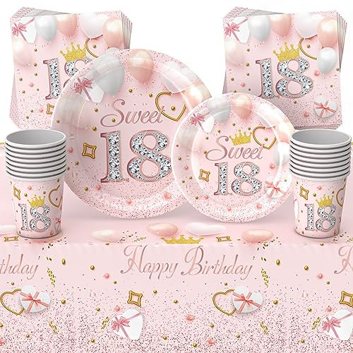 69pcs Pink Happy 18th Birthday Party Tableware Decorations for Girls - Disposable Set With Tablecloth, 7inch Paper Plates, Napkins, Cups