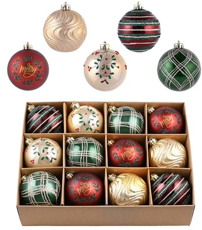 Valery Madelyn Weihnachtskugeln,12stück 8cm Christbaumkugeln Weihnachtskugel mit Geschenkpaket, Weihnachtsbaumschmuck Christbaumschmuck mit Aufhänger,deko Weihnachten,Thema Rot Grün Gold