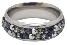 Ring Breiter Bandring Edelstahl mit Kristallen Schwarz Grau - Handmade (SCR47)