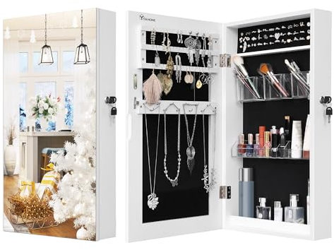 YITAHOME Schmuckschrank mit Spiegel, Schmuckaufbewahrung Wand Spiegelschrank, Hängeschrank Wandmontage Abschließbarer Wandschrank, Platzsparender Schmuckorganizer mit Lippenstift-Pinselfächern