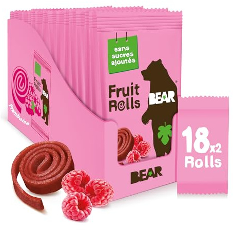 BEAR Fruit Rolls Saveur Framboise | 100% Ingrédients Naturels | 18 x 20g | Goûter Sain pour Enfants & Adultes | Sans Sucres Ajoutés | 360g