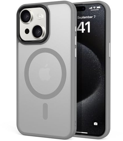 tigratigro Cover Magnetica per iPhone 15 6.1 Pollici, Compatibile con MagSafe, Custodia Traslucida Opaca Posteriore Sottile Antiurto Protettiva Case, Protezione Antiurto di Grado Militare, Grigio