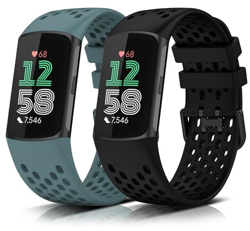 KeeFos 2 Stück Armband Kompatibel mit Fitbit Charge 5 / Fitbit Charge 6, Silikon Ersatzarmband Uhrenarmband Herren Damen für Silikonbändern, Fitbit Charge 5 / Fitbit Charge 6 Armbänder (Schwarz+Blau)