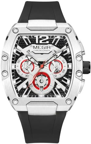 FORSINING Herren-Armbanduhr, analog, Quarz, modisch, Armband aus Silikon, Fass, Zifferblatt, lässig, Chronograph Sport, leuchtende Uhr, Kalender, Datum, Silberfarben / Schwarz., Gurt