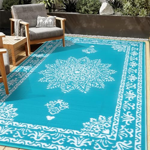 Outdoor-Teppich, wasserfest, Kunststoff, Stroh, Terrassenteppich, wendbar, UV-beständig, tragbar, Wohnmobil-Matte, großer Indoor-Outdoor-Teppich für Terrasse, Veranda, Deck, Balkon, Blaugrün