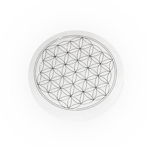 NKlaus Disque Fleur de Vie en Sélénite Plaque de Sélénite 10 cm Pierre de Rechargement Gravée Fleur de Vie, Énergétisante Idéale pour Reiki, Méditation et Décoration