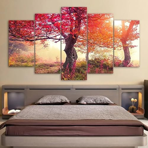WAGYU Mit Rahmen Leinwandbild 5 TLG Kunstdruck,Bilder auf Leinwand 5 TLG Vlies Wandbild Jahreszeiten Herbstbäume,Leinwand Gemälde xxl,Tapete,Puzzle,leinwanddrucke,5 Stücke Bilder,125x60cm