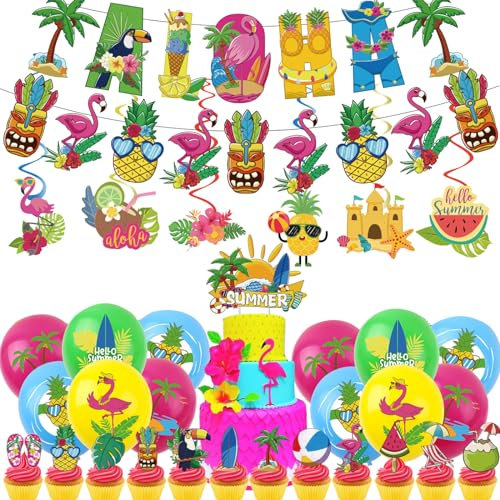 YaYaFunFun 44Pcs Hawaiian Party Decorations Set, Hawaii Party Packs with Flamingo Banners,Balloons,Cake Toppers,Hanging Swirls for Kids,Adults,Beach Themed Party Supplies,Summer,Aloha,Garden Party Decorations
