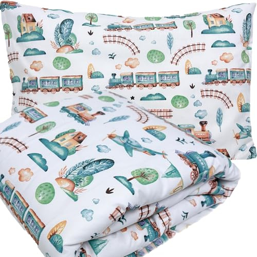 Kinderbettwäsche 100x135/40x60 cm, 2 Bezüge, Lokomotive, ohne Füllung | 2 Bezüge: 100x135 cm + 40x60 cm, 100 % Baumwolle, ohne Füllung, aus nach OEKO-TEX STANDARD 100 zertifizierten Stoffen