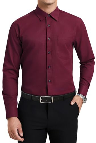 HISDERN Mens Burgundy Shirt Long Sleeve Dress Shirts for Men Adult Formal Button Down Smart Casual Regular Fit Business with Pocket 3XL