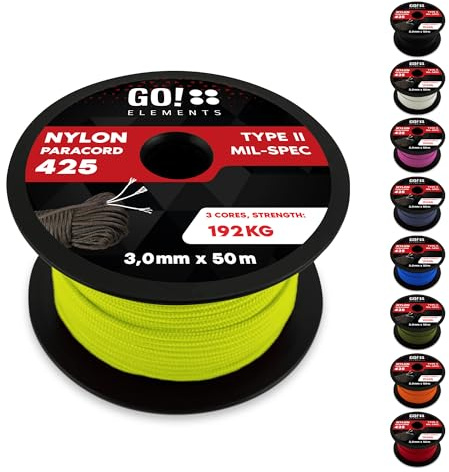 GO!elements Paracord Seil aus reißfestem Nylon - 3mm Paracord 425 Typ II max. 192kg - Schnüre als Outdoor Seil, Allzweckseil, Survival Seil, Armband, Hundeleine, Nylonschnur