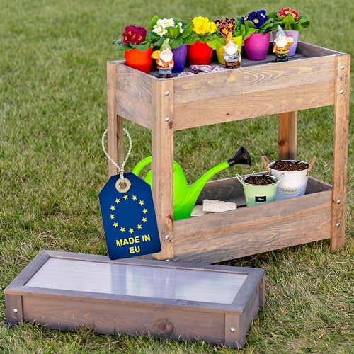 ITA Carré Potager surélevé en Bois - Mini Serre Châssis Incluse - 2 Jardinières sur Pied avec Feuille de Protection - pour Fleurs, légume, Herbes - Gris