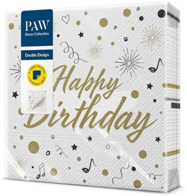 PAW - Doppelseitige Servietten 3-lagig (33 x 33 cm) I 20 Stück I Perfekt für Geburtstage, Partys Kinderpartys Feiern I Tischdeko Papierserviette Beidseitig Bedruckt - Happy Birthday I Party Invitation