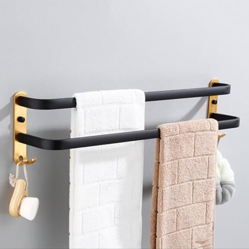 Handtuchhalter Wand mit 2 Haken Aluminium Handtuchstange Bad, Handtuchhalter für Badezimmer und Küche Schwarz+Gold 2 Stangen 40cm