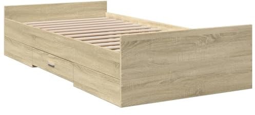 vidaXL Bettgestell, Bett mit Schubladen, Bettrahmen mit Sperrholzlatten, Einzelbett für Schlafzimmer, Schubladenbett, Sonoma-Eiche 90x200cm Holzwerkstoff
