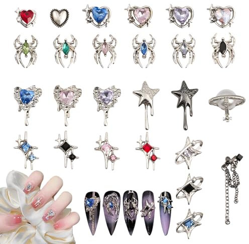 Nail Rhinestones,26PCS Star Spider Heart Metal Nail Art Charms,Alloy Nail Gems Nail Accessories for Women Girls Manicure Design Decorations DIY Crafts