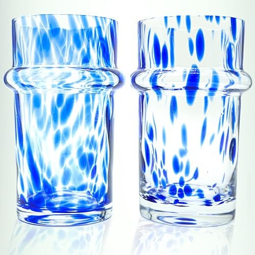 Gökotta Drinking Glasses Handmade Set of 4 | Tumblers Moroccan Shape Pattern Luxury Glassware Speckled Blue | for Water Cups Cocktail Glasses Craft Beer | Large 400ml