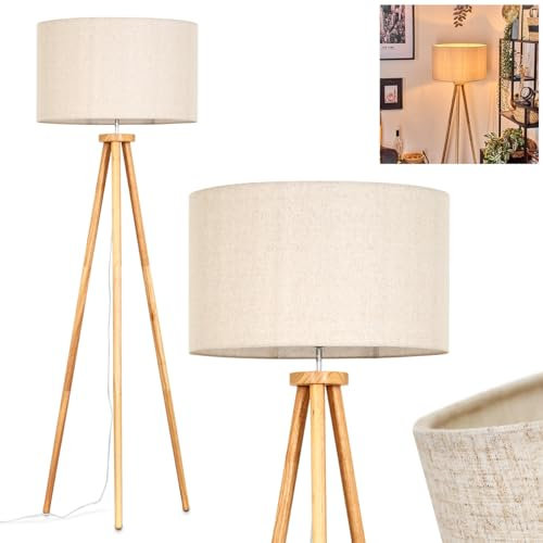 Stehleuchte Felmming, Stehlampe aus Holz/Stoff in Naturfarben/Weiß/Beige, Leuchte im skandinavischen Design mit rundem Schirm (Ø 50 cm) u. Fußschalter, Höhe 155 cm, 1 x E27, ohne Leuchtmittel