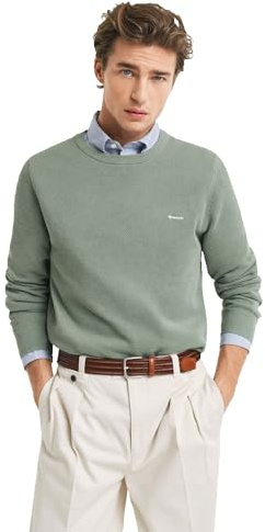 GANT Men's Cotton Pique C-Neck Pullover Sweater, Kalamata Green, M