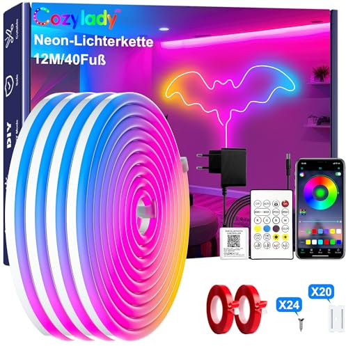 Cozylady 12M(2 Rollen 6M) RGB Neon LED Strip, Flexible Streifen Mit starkem Doppelklebeband ausstatten,24V LED Leuchtseile mit App/Fernbedienung anwendbar auf Schlafzimmer,Raum & Außendekoration.
