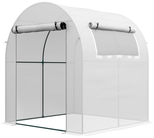 Outsunny Invernadero de Jardín 180x180x200 cm Invernadero de Túnel Pequeño con Puerta Enrollable y Ventana de Malla para Cultivar Plantas Flores Blanco