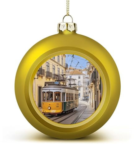Weihnachtskugel-Ornamente, Lissabon Straßenbahn, bedruckte Weihnachtskugeln, hängende Weihnachtskugeln, Halloween-Dekokugeln