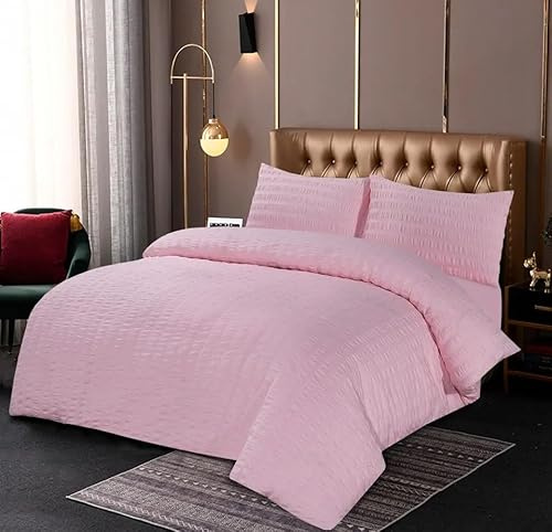 Northern Luxe Seersucker Polycotton Duvet Set - Bedding Duvet Cover Set for All Season Elegant Textured Bedding with 1 Duvet Cover & 2 Pillowcases, Easy Care, (Pink, Super King)
