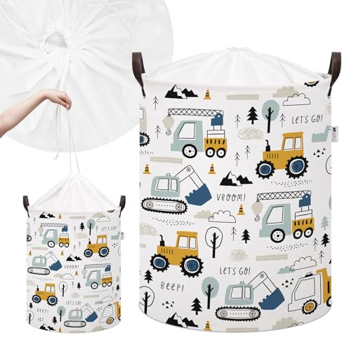 SIPO Großer Spielzeugkorb XL 43L Autos Fahrzeuge Baumwolle Canvas Aufbewahrungskorb für Spielzeug Bausteine Kuscheltiere Faltbarer Spielzeug Organizer fürs Kinderzimmer mit Kordelzug und Griffen