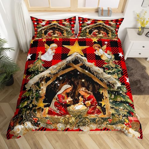 Homewish Weihnachtsdekoration Bettwäsche Set Heilige Nacht Krippe Bettbezug 135x200,Weihnachtsbaum Tröster Abdeckung für Rustikale Büffel Gitter Bettbezug,1 Bettbezug 1 Kissenbezug
