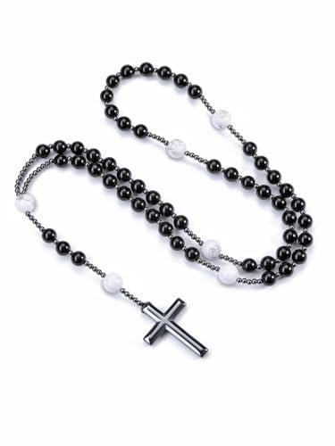 Jovivi Katholische Rosenkranz Kette Tigerauge Obsidian Halskette mit Hämatit Kreuz Gebetskette Edelstein Schmuck Damen Herren