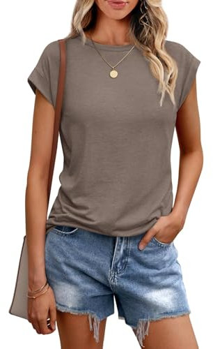 Cuptacc T-Shirt Damen Sommer Tops Für Damen Oberteile Rundhalsausschnitt Business Bluse Kurzarm Tops Teenager Mädchen CoffeeGrey Klein S 34-36