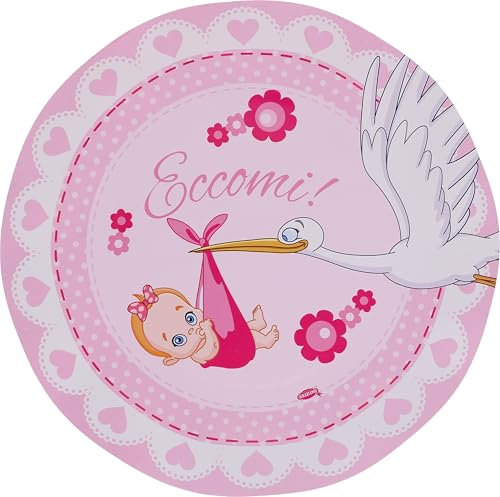 Graziano, Piatti di Carta Grandi NASCITA ROSA Confezione da 8 piatti, Diametro 27 cm, Buffet dolci party