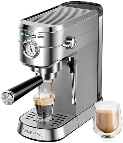 CASABREWS Máquina de café espresso de 20 bares, cafetera compacta con tanque de agua de 34 onzas, máquina profesional de café con leche para el hogar, acero inoxidable