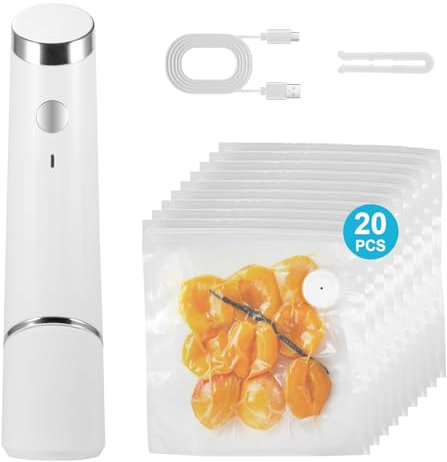 Fuers Vacuum Sealer Portable Vacuum Sealer Machine Handheld Vacuum Sealer Set with 20 Reusable Vacuum Bags Rechargeable Vacuum Sealers Food Vac Pack Machine Sous Vide Vacuum Pack Machine, White