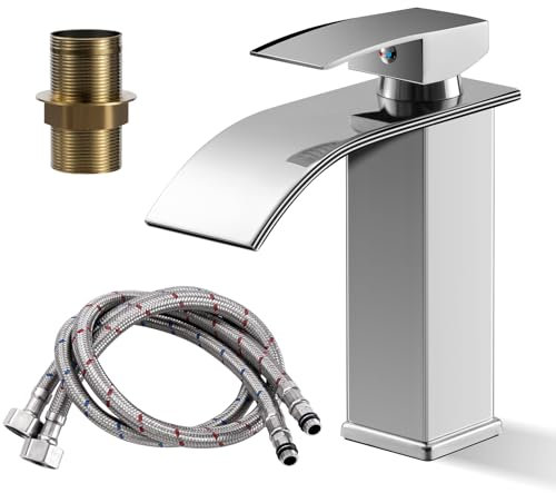 Robinet Mitigeur Lavabo Salle de Bain Robinet Lavabo en Acier Inoxydable Conomie d'Eau & Anti-Éclaboussures Mitigeur Monotrou avec Conduites d'Eau Chaude et Froide Mitigeur Argent