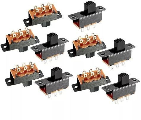 TECHZOCO Interruptor deslizante vertical DPDT 6 Pin, interruptor palanca vertical 6 terminales, Distancia entre agujeros 19 mm, 0,1 A/250 V, Montaje panel, Uso en bricolaje o modelismo, 10 unidades