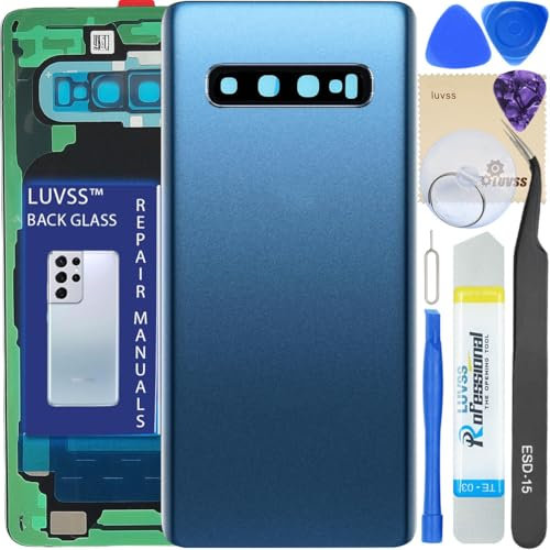 LUVSS Vitre Arrière pour Samsung Galaxy S10 SM-G973F/DS Bleu Coque Cache Batterie avec Lentille de Caméra, Adhésifs, Kit Outils, Guide De Réparation