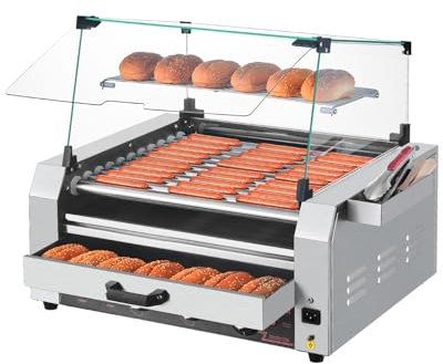 VEVOR Rullo per Hot Dog, 30 Hot Dog 11 Rulli, Cuocitore per Salsicce in Acciaio Inox da 2400 W Scalda Panini, Coperchio, 3 Controlli di Temperatura, Contenitore Laterale, Vassoio Raccogli-Olio