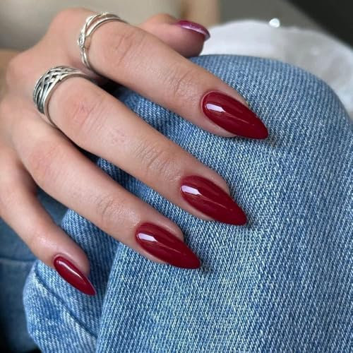 KQueenest Lot de 24 faux ongles press on nails en acrylique à coller, couleur naturelle unie, en gel brillant, couvrance complète, pour femme - Rouge bordeaux