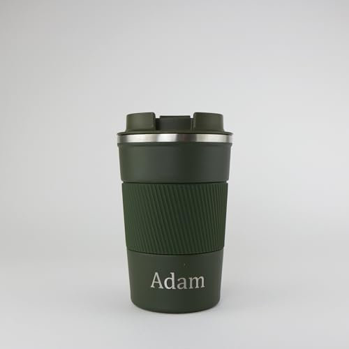 cribstar Personalised Engraved Insulated Travel Mug | Stainless Steel Tumbler | Double-Walled Tea/Coffee Cup | Leak-Proof & Reusable | Keeps Drinks Hot 12h / Cold 24h | Thermal Mug (Khaki, 380ml)