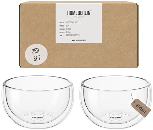 HOMEBERLIN® Barista Pro Cappuccino Tassen Set Glas - 250ml doppelwandig - Premium Cappuccino Tassen dickwandig aus hochwertigem Glas - 100% Handfertigung - 2x Barista Tasse - Perfekt für Latte Art