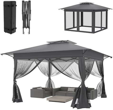 ACXIN 4x4m Faltpavillon Gartenpavillon Pop-Up Pavillon Anthrazit Höhenverstellbar Anti-Moskito Balkon Terrasse Outdoor Party Event Tragbar Faltbarer Pavillon für Garten Camping Picknick