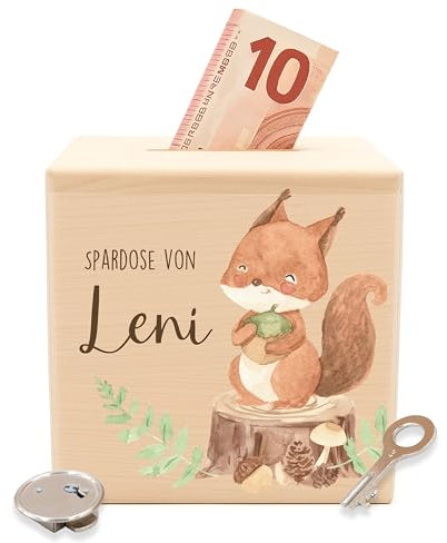 KIDSMOOD - Spardose Kinder mit Schlüssel | Personalisierte Spardose Holz mit schadstofffreiem Druck | Sparschwein Kinder, Sparbox zum Geldsparen als Kinder Geschenke für Mädchen & Jungen [10x10 cm]