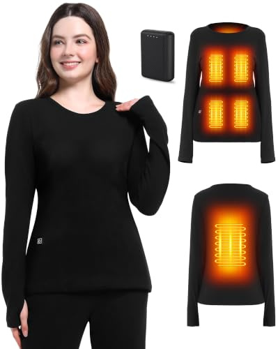 FERNIDA Heated Jumper Women, Electric Heated Base Layer with Power Bank | FERNIDA Heated Thermal Underwear with Thumb Hole, Crew Neck Washable Heated Undershirt Ladies Heating Clothes for Cold Winter