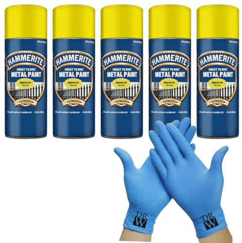 Hammerite Direct to Rust Metal Spray Paint Smooth Yellow 5X 400ml + Free Nitrile Gloves | Fast-Drying Aerosol, Durable Rust Protection for Indoor & Outdoor Metal