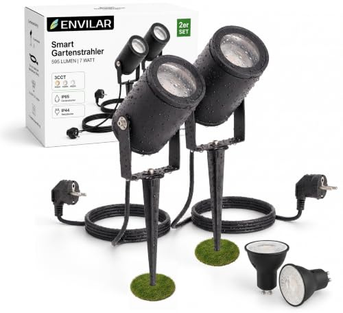 ENVILAR 2er Set LED Gartenstrahler 230V, IP65, CCT, 7W, 595lm | CCT 3000K, 4000K & 6500K, IP65 für außen, mit Erdspieß und 2 m Kabel. Plug & Play für Beet, Garten und Wege.