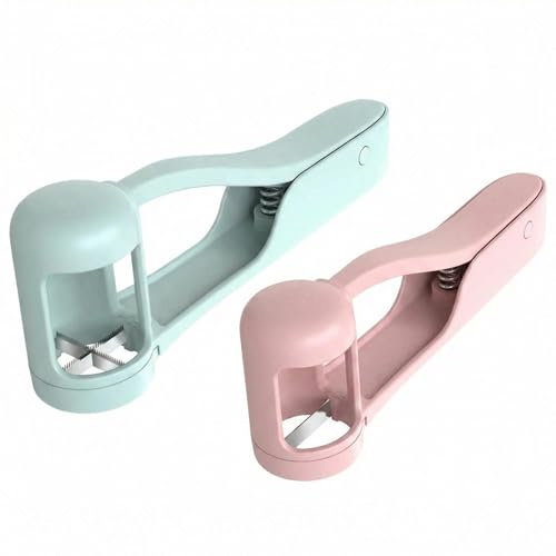 2-Pack Grape Cutter Tool, Stainless Steel Fruit Slicer with Anti-Roll Design – One-Press Quarter & Half Slicer for Seedless Grapes, Strawberries, Cherry Tomatoes, Olives, Baby Food Prep (Blue & Pink)
