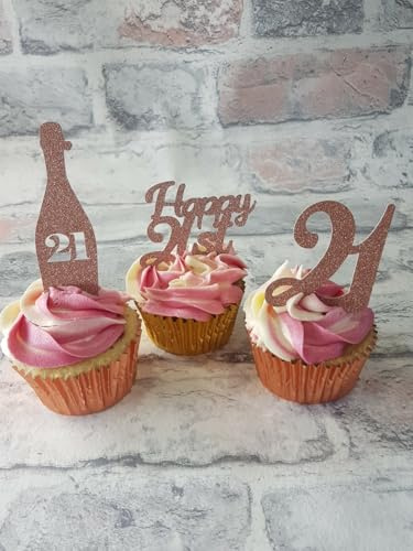 12 Rose Gold Happy 21st Birthday Cupcake Toppers, 3 Designs, Bottle and Number Shapes
